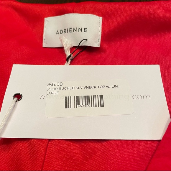 NWT Adrienne Red Ruched Sleeves V-Neck Top | Size Large - Picture 4 of 15